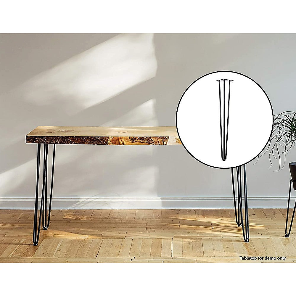 Set of 4 Industrial 3-Rod Retro Hairpin Table Legs made of 12mm steel, featuring a sleek black satin finish, ideal for DIY furniture projects.