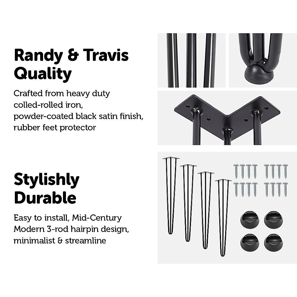 Set of 4 Industrial 3-Rod Retro Hairpin Table Legs made of 12mm steel, featuring a sleek black satin finish, ideal for DIY furniture projects.