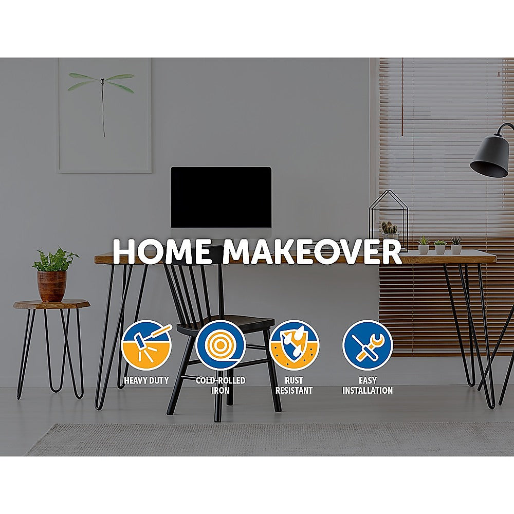 Set of 4 Industrial 3-Rod Retro Hairpin Table Legs made of 12mm steel, featuring a sleek black satin finish, ideal for DIY furniture projects.