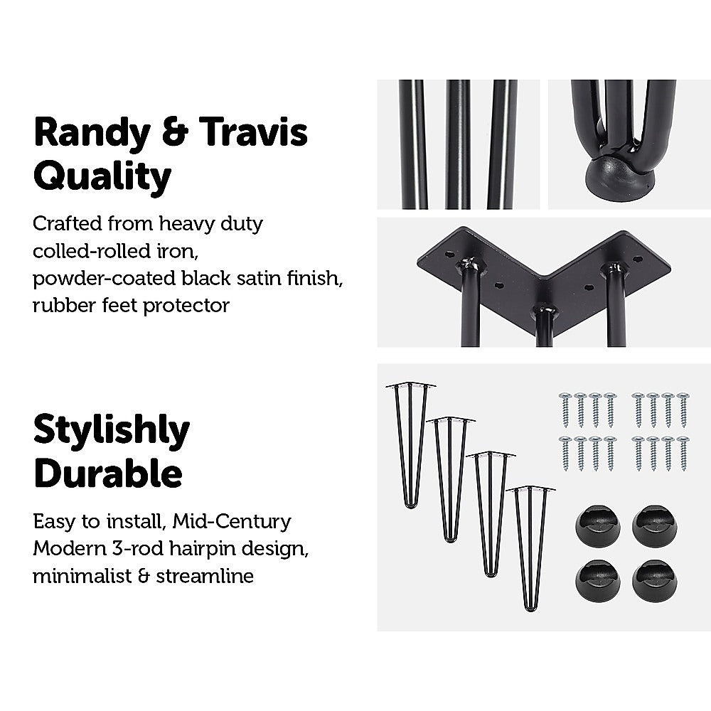 Set of 4 Industrial 3-Rod Retro Hairpin Table Legs in black satin finish, showcasing their sleek design and sturdy construction.