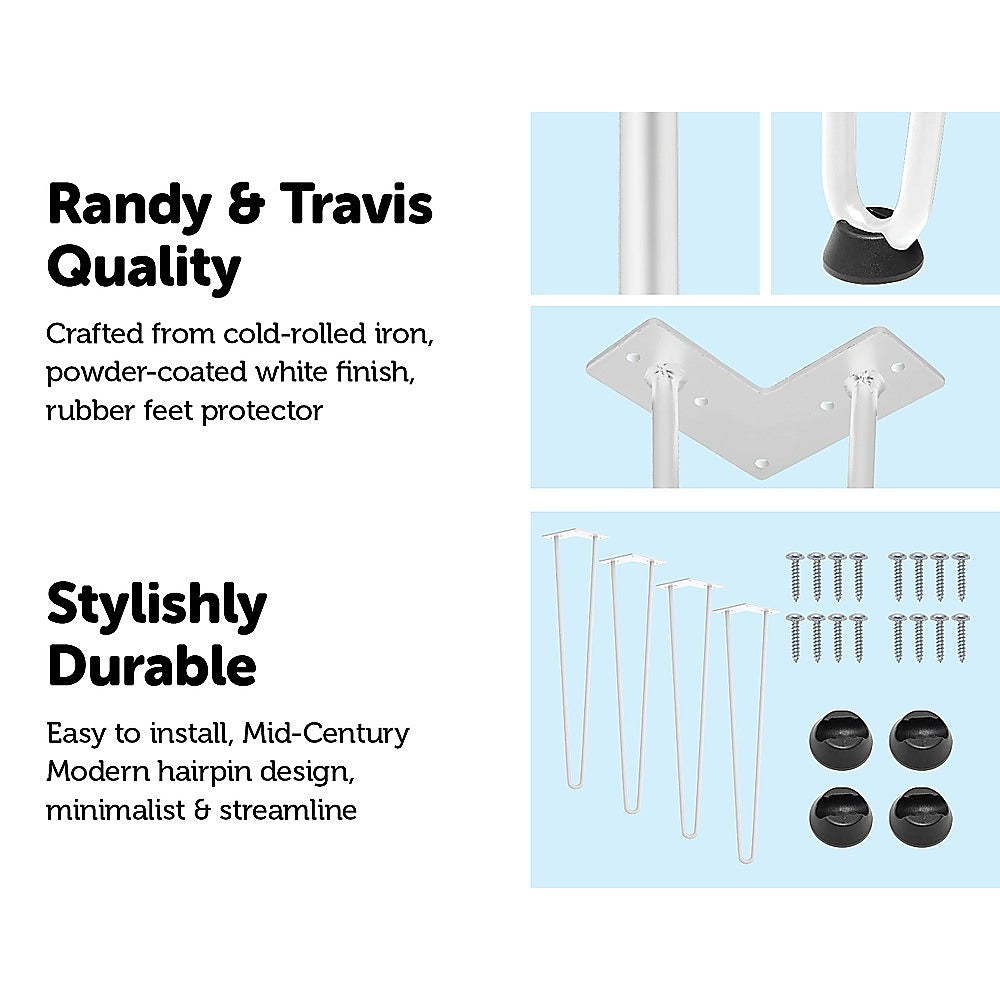 Set of 4 Industrial Retro Hairpin Table Legs in white, made from durable 12mm steel, perfect for DIY furniture projects.