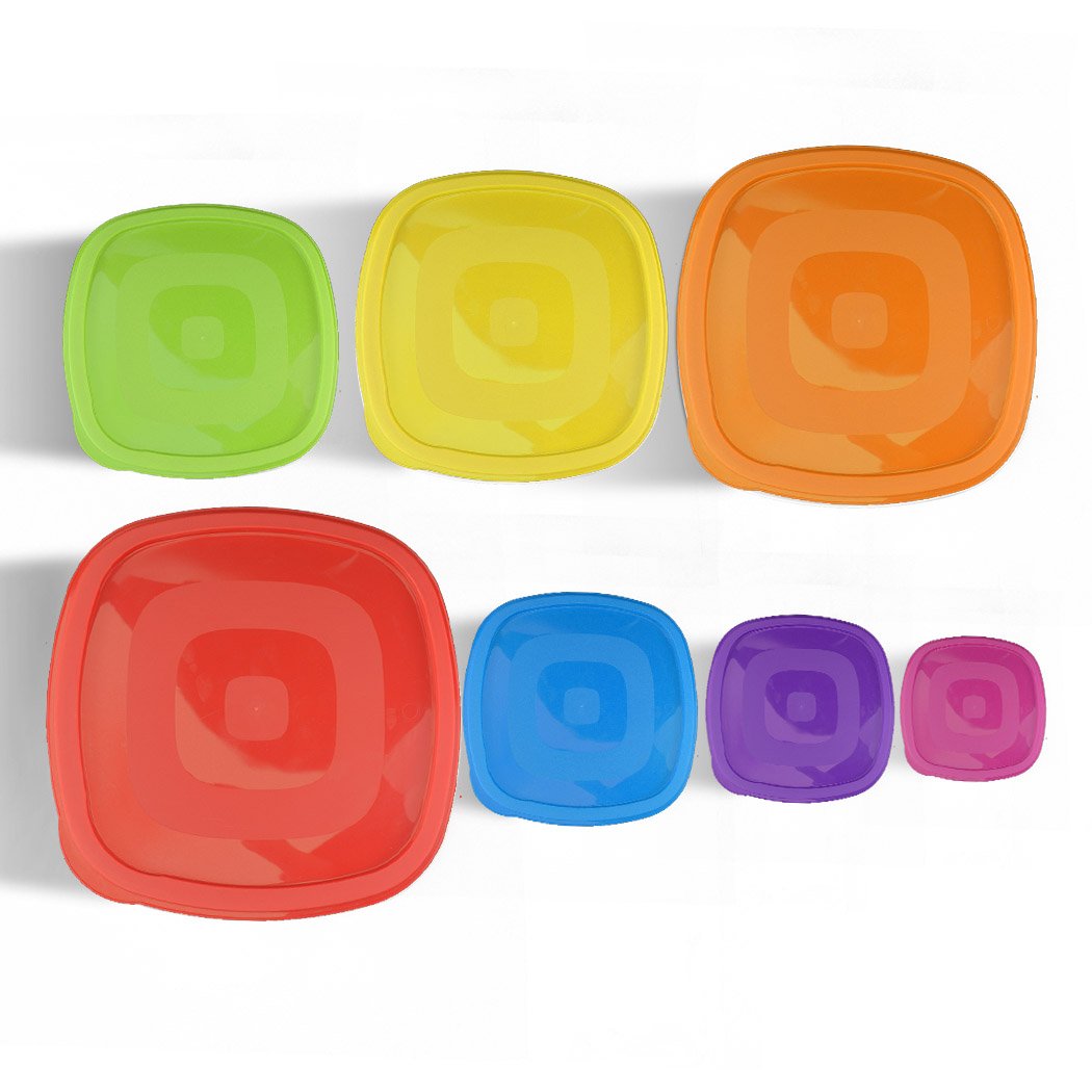 Set of 7 colorful reusable bowl lids for food storage, showcasing various sizes and vibrant rainbow colors.