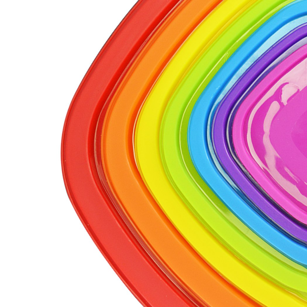 Set of 7 colorful reusable bowl lids for food storage, showcasing various sizes and vibrant rainbow colors.