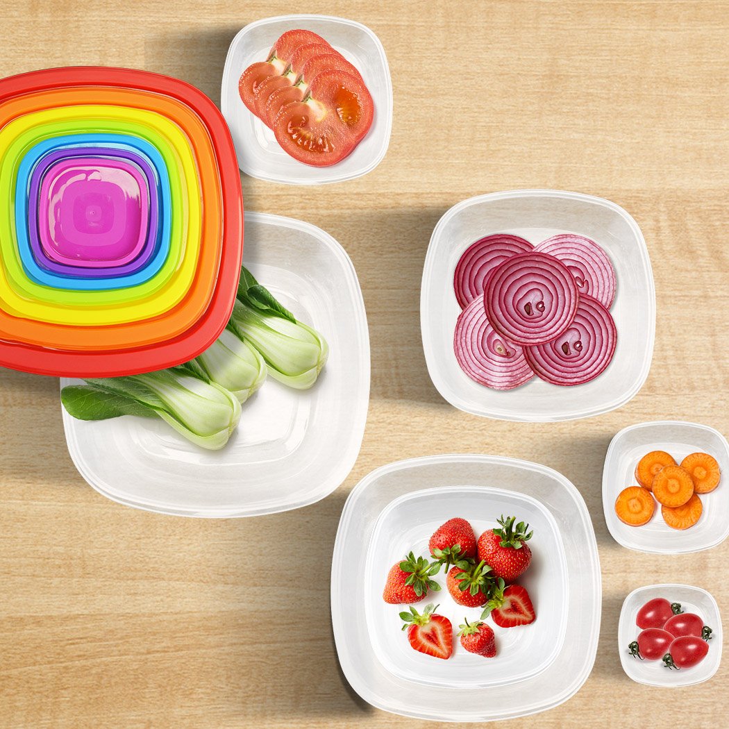 Set of 7 colorful reusable bowl lids for food storage, showcasing various sizes and vibrant rainbow colors.