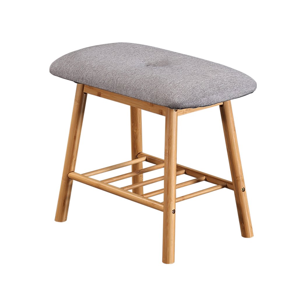 Bamboo shoe bench with cushion seat, stylish and compact design for entryway storage.