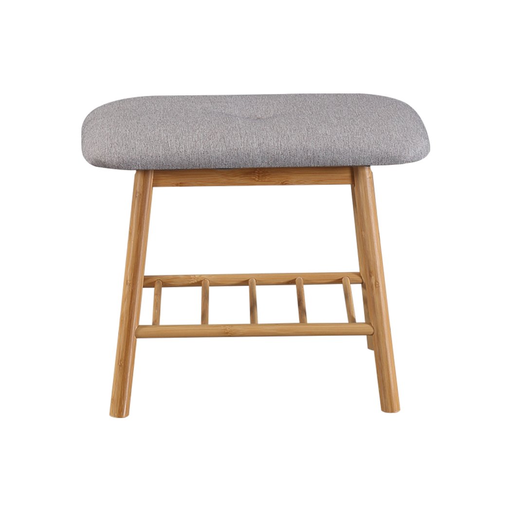 Bamboo shoe bench with cushion seat, stylish and compact design for entryway storage.