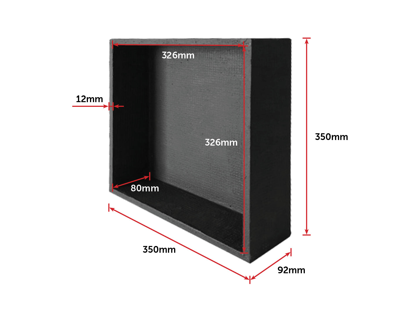 Black rectangular box with dimensions.