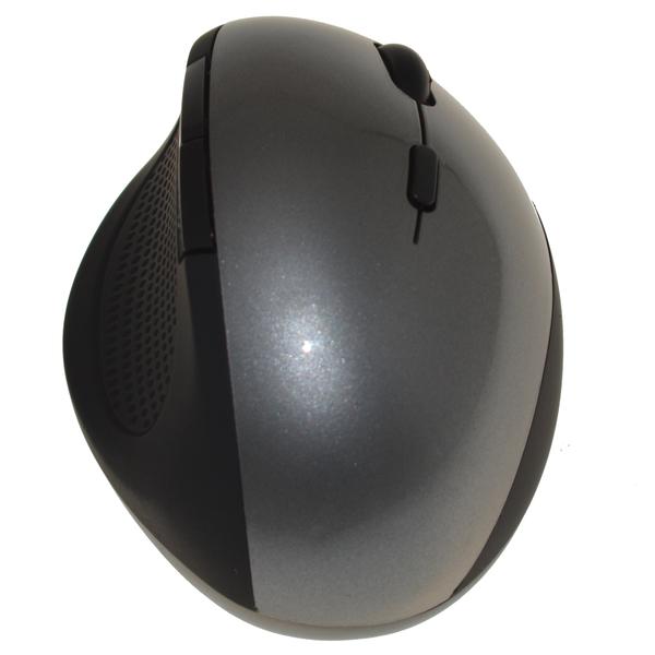 Silver ergonomic wireless mouse with six programmable keys, designed for comfort and precision.