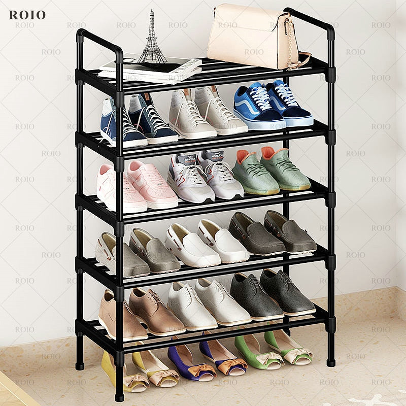 A sleek black metal shoe rack displaying various pairs of shoes, designed for space-saving and organization in living rooms.