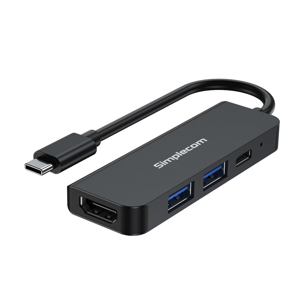 Simplecom CH540 USB-C 4-in-1 Multiport Adapter Hub with HDMI 4K and USB 3.0 ports, featuring a sleek aluminum design.