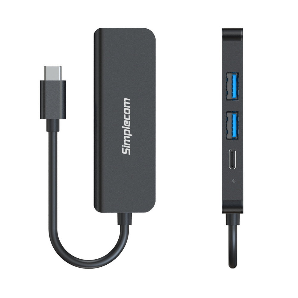 Simplecom CH540 USB-C 4-in-1 Multiport Adapter Hub with HDMI 4K and USB 3.0 ports, featuring a sleek aluminum design.