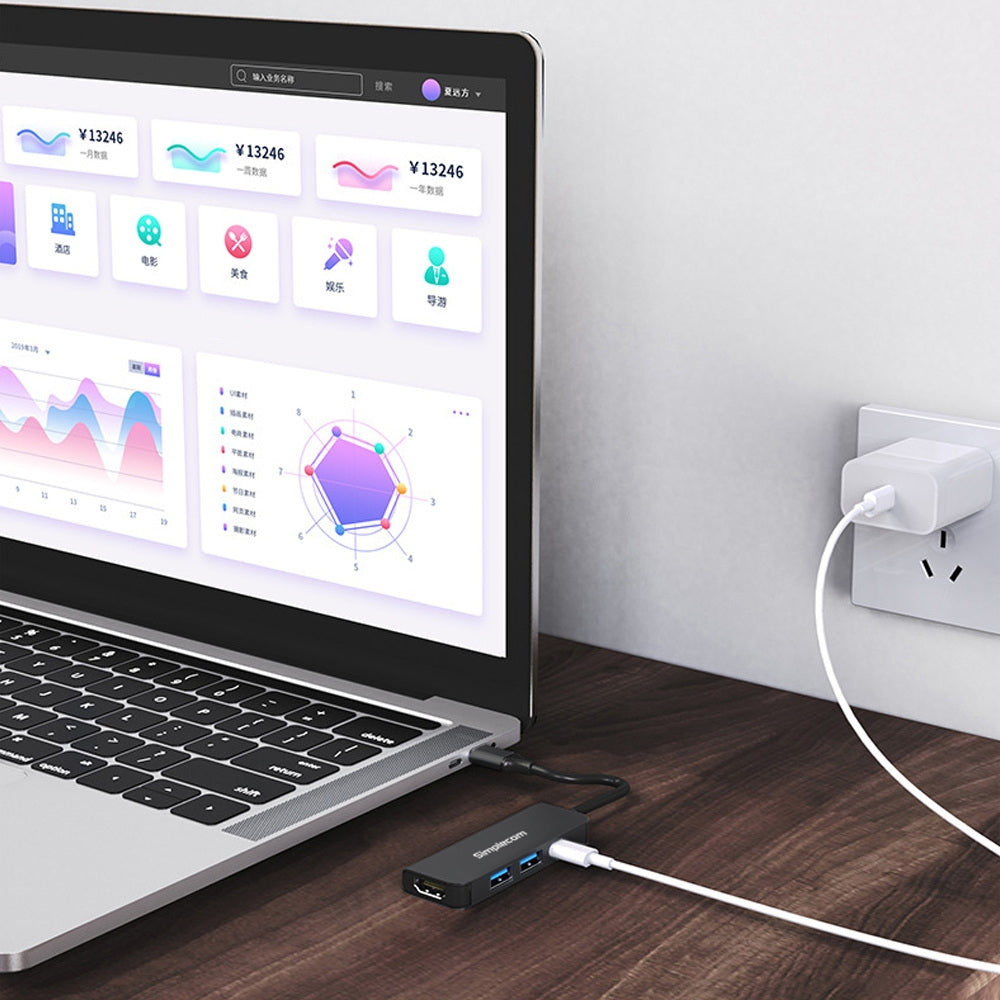 Simplecom CH540 USB-C 4-in-1 Multiport Adapter Hub with HDMI 4K and USB 3.0 ports, featuring a sleek aluminum design.
