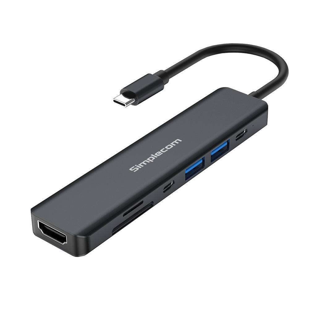 Simplecom CH570 USB-C 7-in-1 Multiport Adapter Hub with USB 3.0, HDMI 4K, and SD card reader, showcasing its sleek aluminum design.