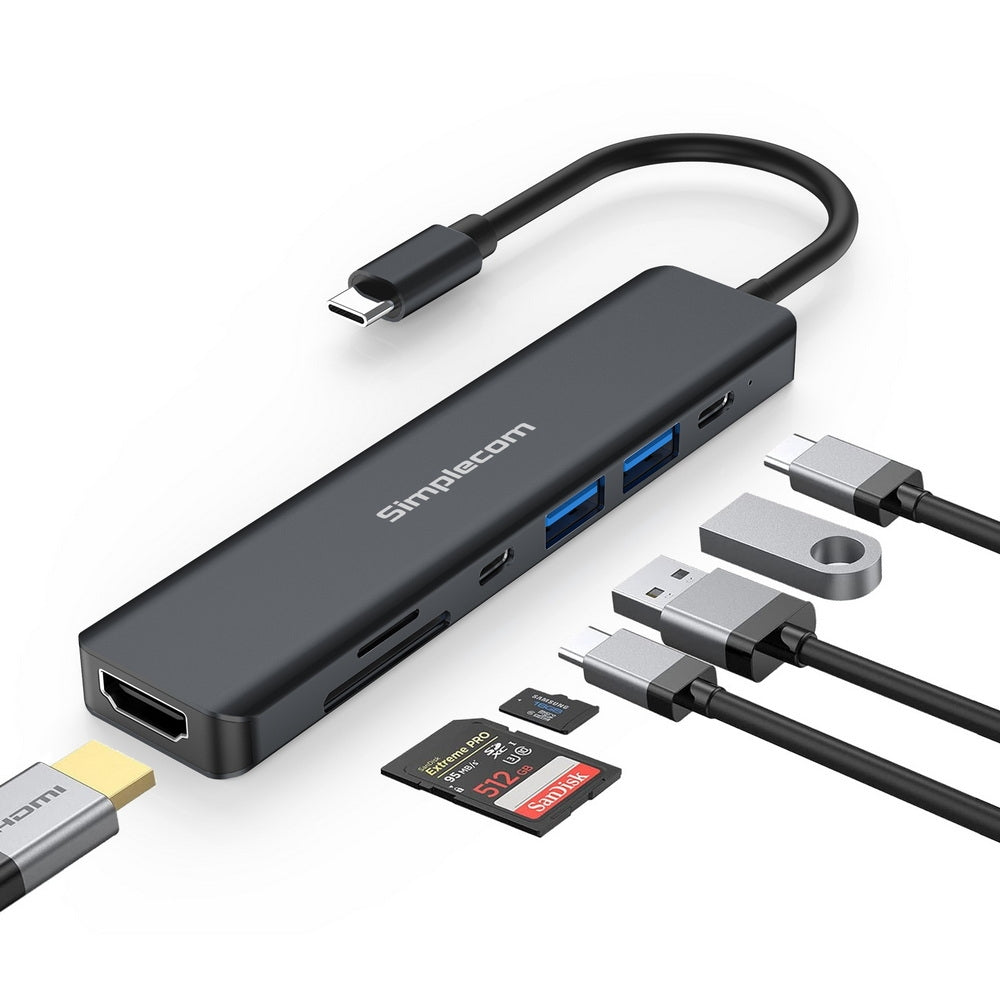 Simplecom CH570 USB-C 7-in-1 Multiport Adapter Hub with USB 3.0, HDMI 4K, and SD card reader, showcasing its sleek aluminum design.