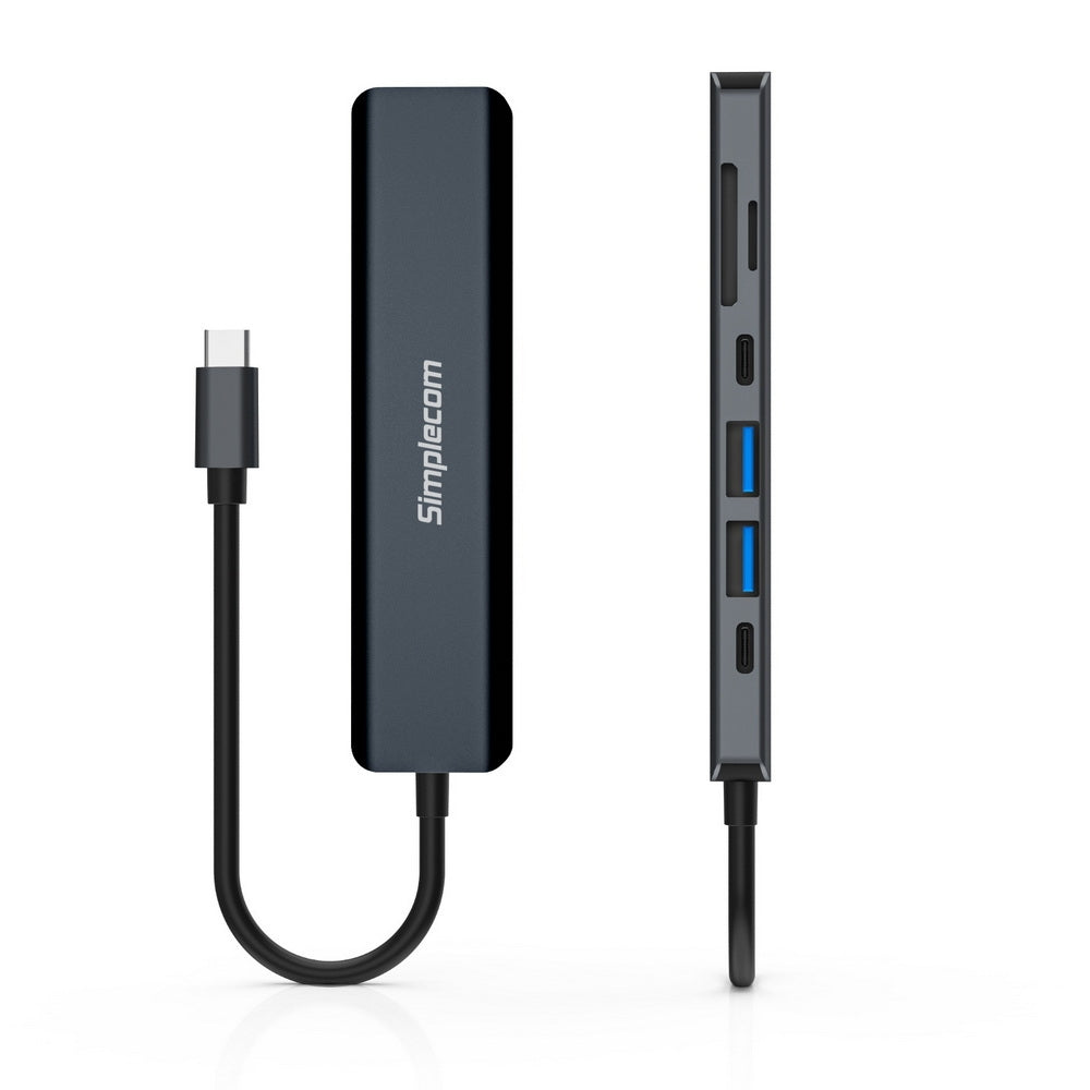 Simplecom CH570 USB-C 7-in-1 Multiport Adapter Hub with USB 3.0, HDMI 4K, and SD card reader, showcasing its sleek aluminum design.