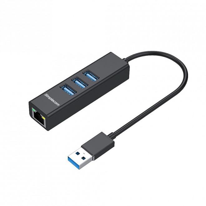 SIMPLECOM CHN420 Black Aluminium 3 Port USB Hub with Gigabit Ethernet, showcasing its sleek design and multiple ports.