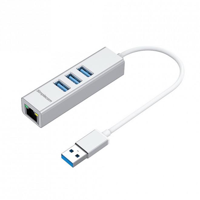 SIMPLECOM CHN420 Silver Aluminium 3 Port USB Hub with Gigabit Ethernet, showcasing its sleek design and multiple ports.