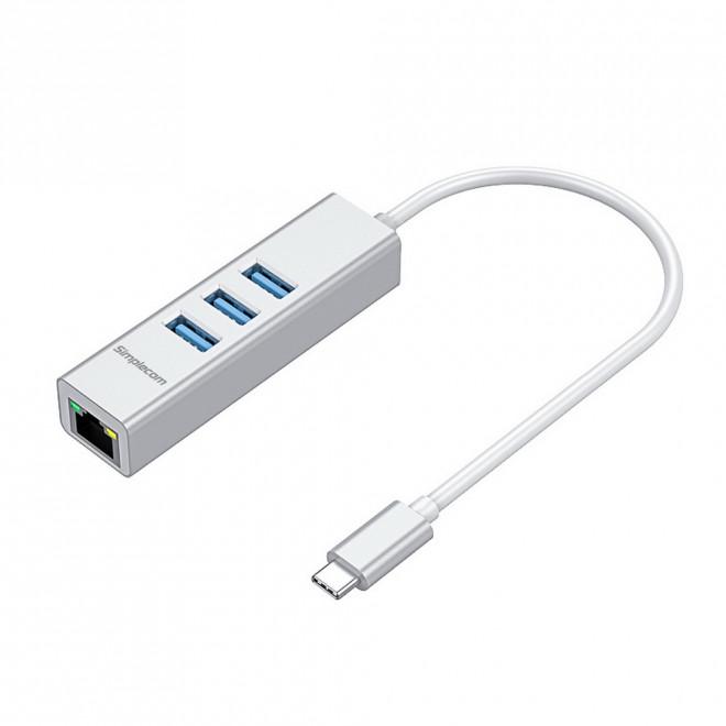 SIMPLECOM CHN421 Silver Aluminium USB-C Hub with three USB-A ports and one Gigabit Ethernet port, showcasing its sleek design and functionality.