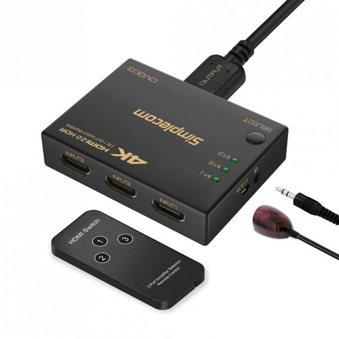 Simplecom CM303 Ultra HD 3 Way HDMI Switch with remote control and infrared receiver, designed for seamless HDMI device connectivity.