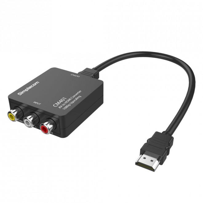 SIMPLECOM CM401 Composite AV to HDMI Video Converter with HDMI and USB cables, showcasing its compact design and connectivity options.