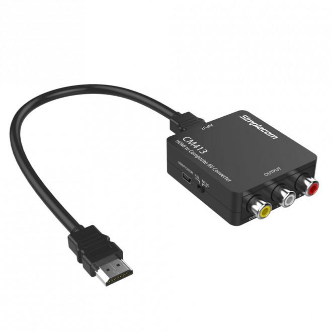Simplecom CM413 HDMI to Composite AV CVBS Video Converter with HDMI input and RCA output ports.