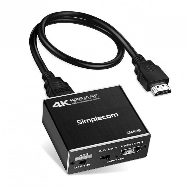 SIMPLECOM CM425 HDMI 2.0 Audio Extractor with Optical SPDIF and 3.5mm Stereo outputs, designed for high-quality audio extraction.