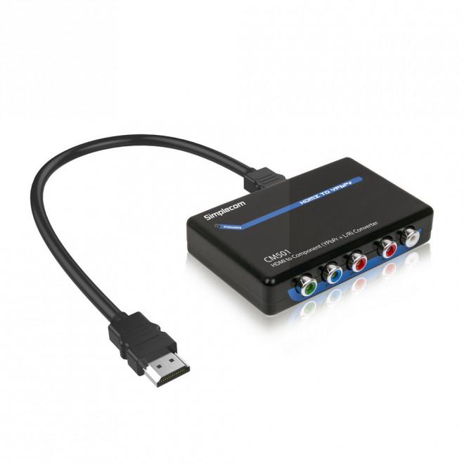 Simplecom CM501 HDMI to Component Video and Audio Converter with USB power cable and HDMI lead.
