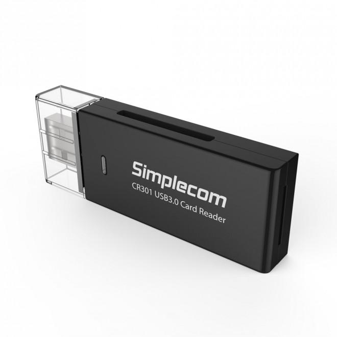 SIMPLECOM CR301 SuperSpeed USB 3.0 Card Reader with two slots for SD and microSD cards, showcasing its compact design and LED indicator.