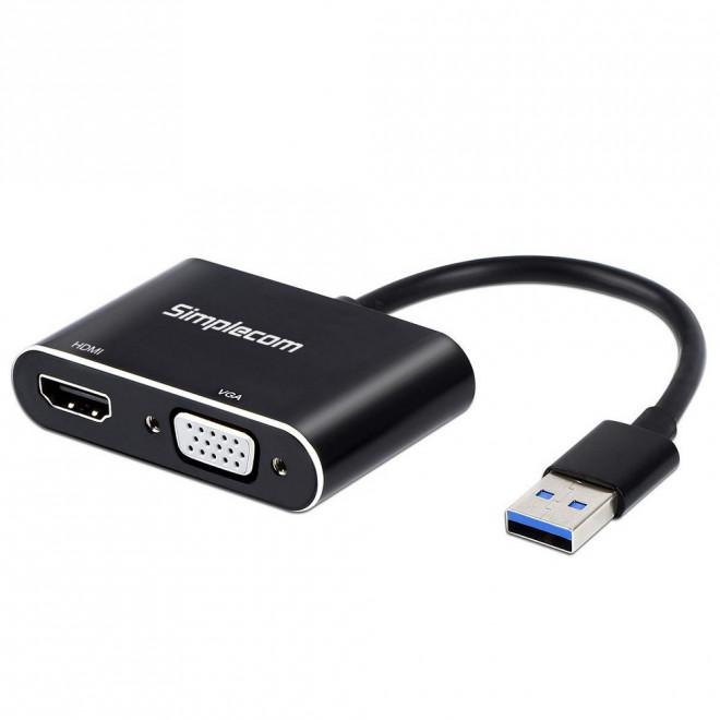 SIMPLECOM DA316 USB 3.0 to HDMI and VGA Video Card Adapter with Full HD 1080p resolution, compact design for easy portability.