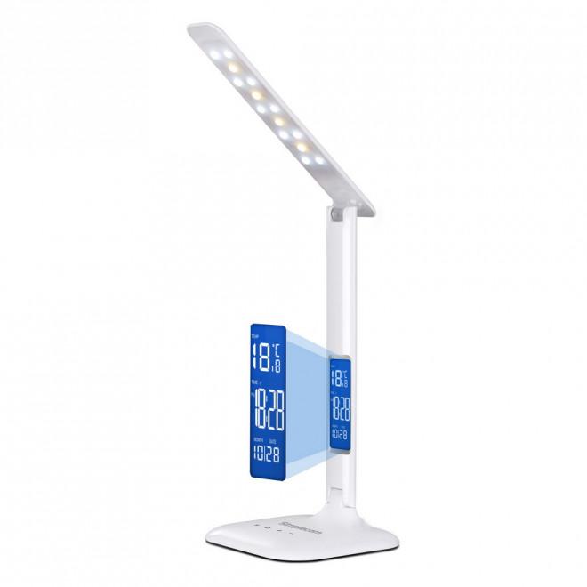 Simplecom EL808 Dimmable Touch Control LED Desk Lamp with LCD display, showcasing its sleek design and multifunctional features.
