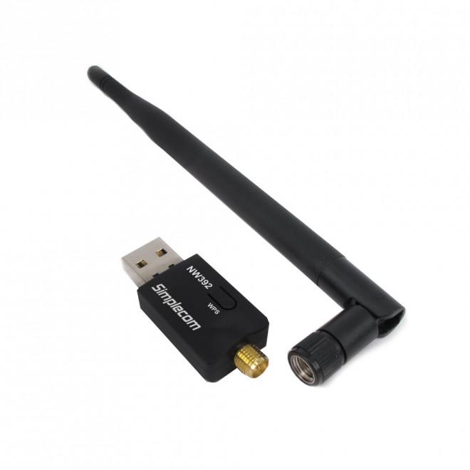 SIMPLECOM NW392 USB Wireless N WiFi Adapter with 5dBi detachable antenna, designed for high-speed internet connectivity.