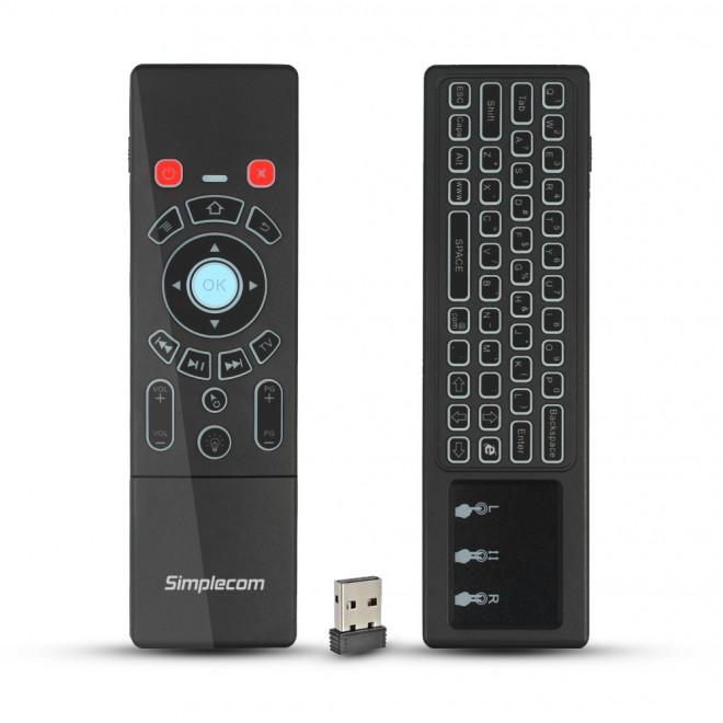 Simplecom RT250 Rechargeable 2.4GHz Wireless Remote Air Mouse Keyboard with backlit keys and touchpad.