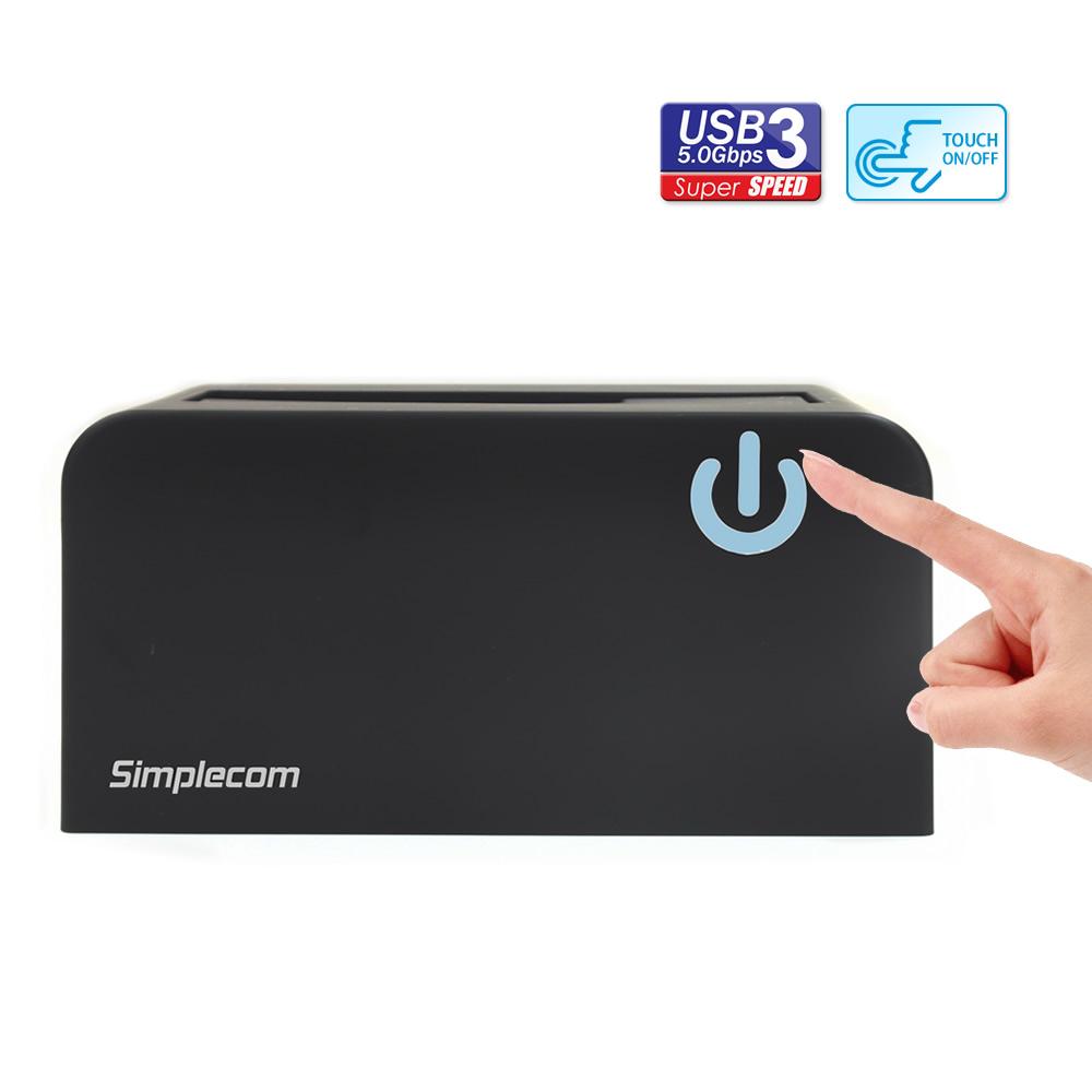 Simplecom SD326 USB 3.0 to SATA Hard Drive Docking Station with 2.5" and 3.5" drive compatibility, featuring LED indicators and touch control switch.