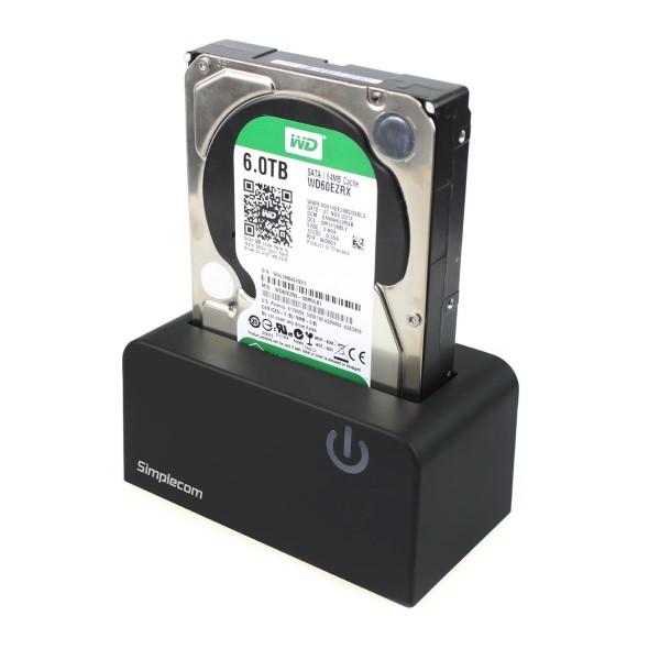 Simplecom SD326 USB 3.0 to SATA Hard Drive Docking Station with 2.5" and 3.5" drive compatibility, featuring LED indicators and touch control switch.