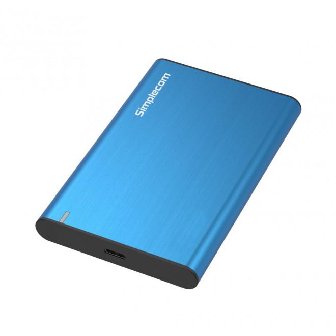 SIMPLECOM SE221 Aluminium 2.5'' SATA HDD/SSD to USB 3.1 Enclosure in blue, showcasing its sleek design and USB-C connectivity.