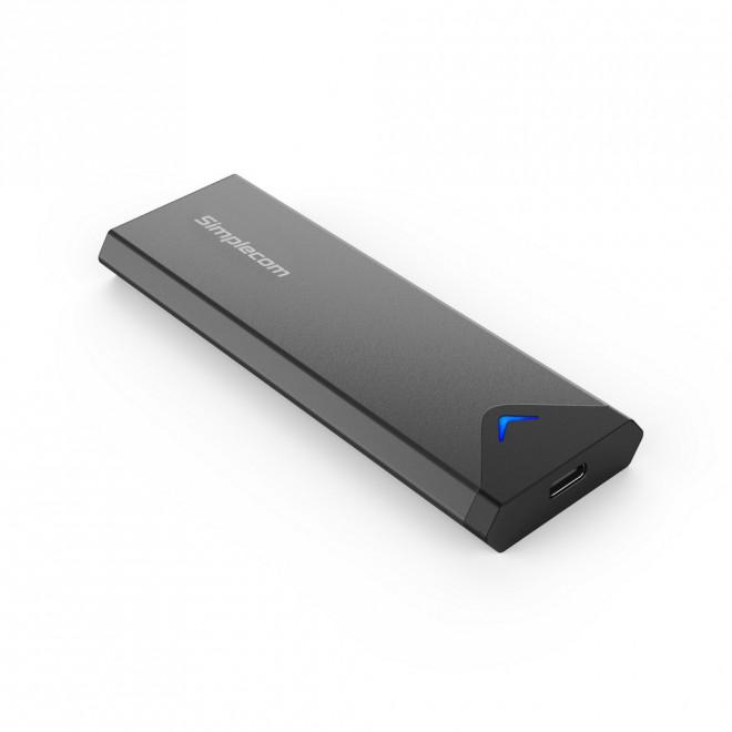 Simplecom SE509 NVMe M.2 SSD enclosure with USB-C connection, showcasing its sleek aluminum design and LED indicator.