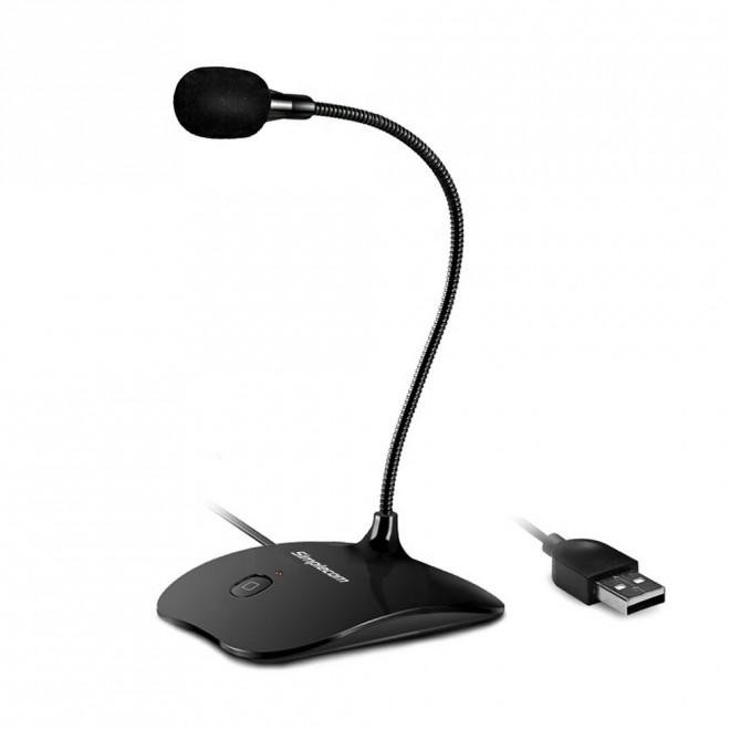 Simplecom UM350 USB Desktop Microphone with flexible neck and mute button, designed for clear audio recording.
