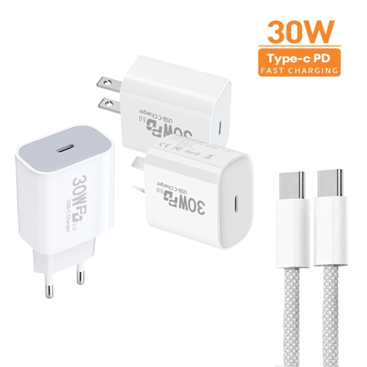 Single Port PD30W USB-C Charger with Type-C to Type-C cable, compact and efficient for fast charging devices.