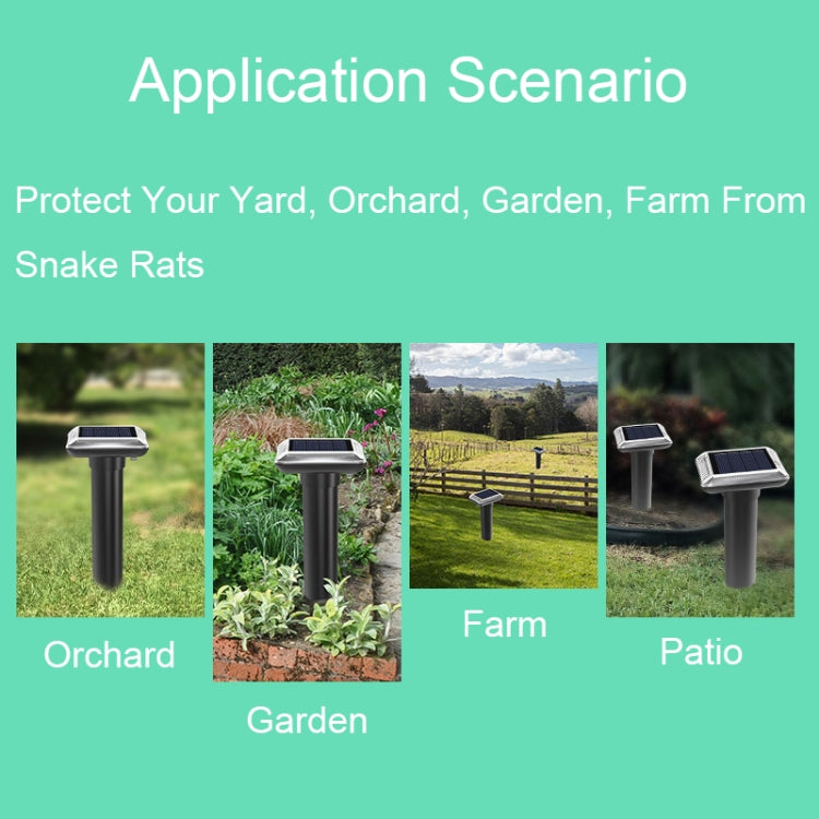 SJZ038 Outdoor Waterproof Solar Ultrasonic Rat Repeller with a sleek design, mounted on a rod, suitable for gardens and farms.