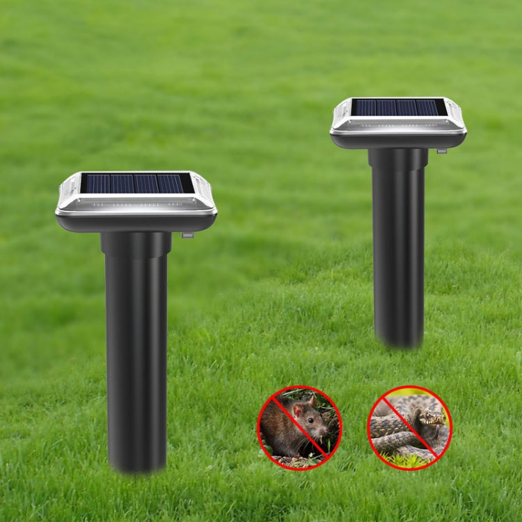 SJZ038 Outdoor Waterproof Solar Ultrasonic Rat Repeller with a sleek design, mounted on a rod, suitable for gardens and farms.