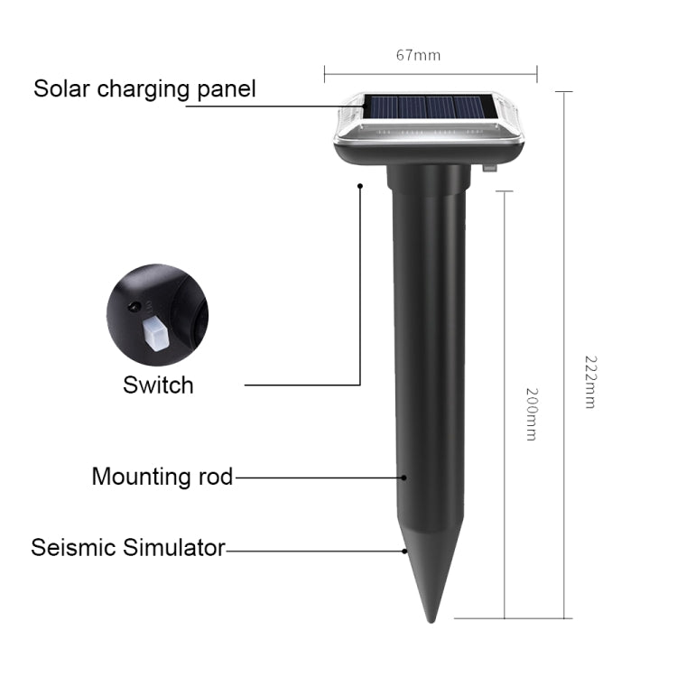 SJZ038 Outdoor Waterproof Solar Ultrasonic Rat Repeller with a sleek design, mounted on a rod, suitable for gardens and farms.