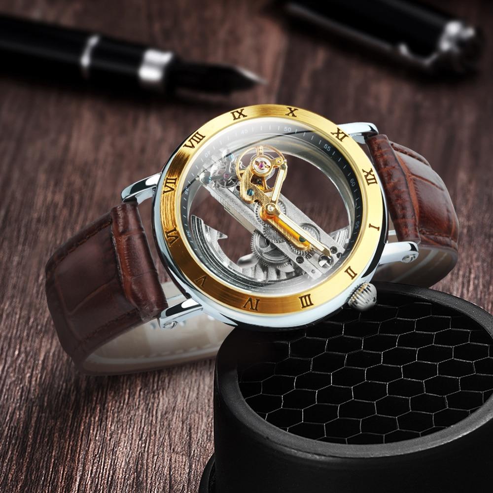 Skeleton Automatic Watch for Men featuring a golden bridge design, stainless steel case, and leather strap, showcasing its elegant craftsmanship.
