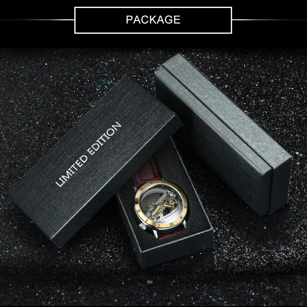 Skeleton Automatic Watch for Men featuring a golden bridge design, stainless steel case, and leather strap, showcasing its elegant craftsmanship.