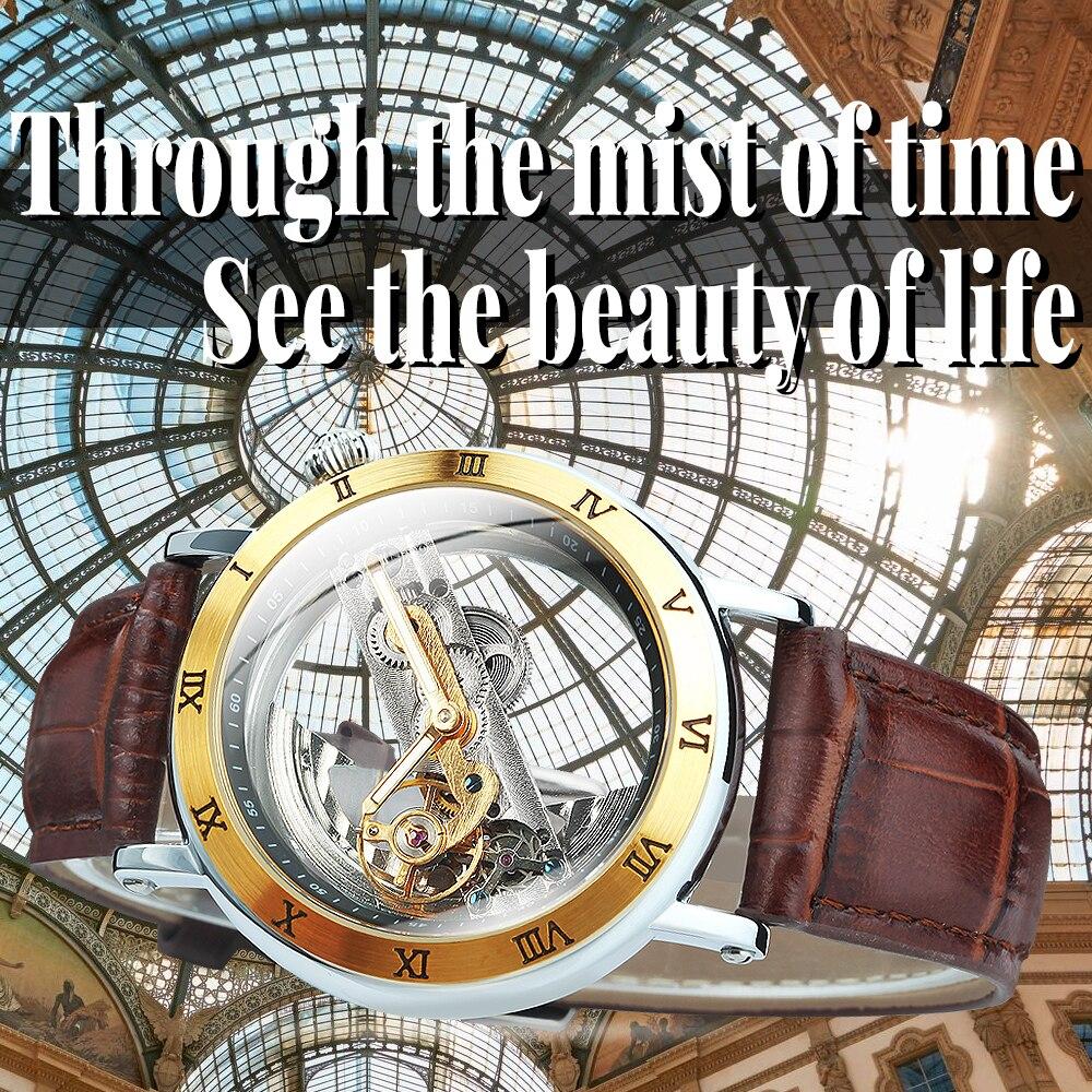 Skeleton Automatic Watch for Men featuring a golden bridge design, stainless steel case, and leather strap, showcasing its elegant craftsmanship.