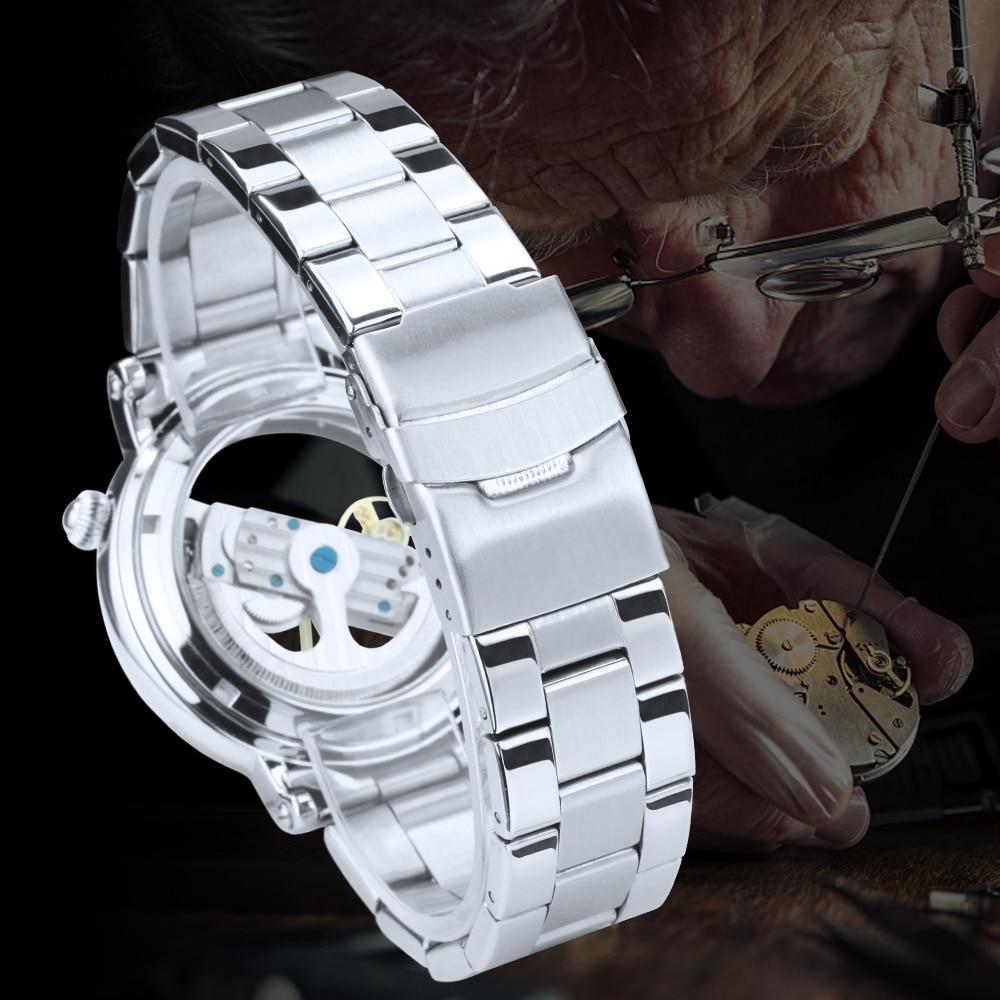 Skeleton Automatic Watch for Men featuring a golden bridge design, stainless steel case, and leather strap, showcasing its elegant craftsmanship.