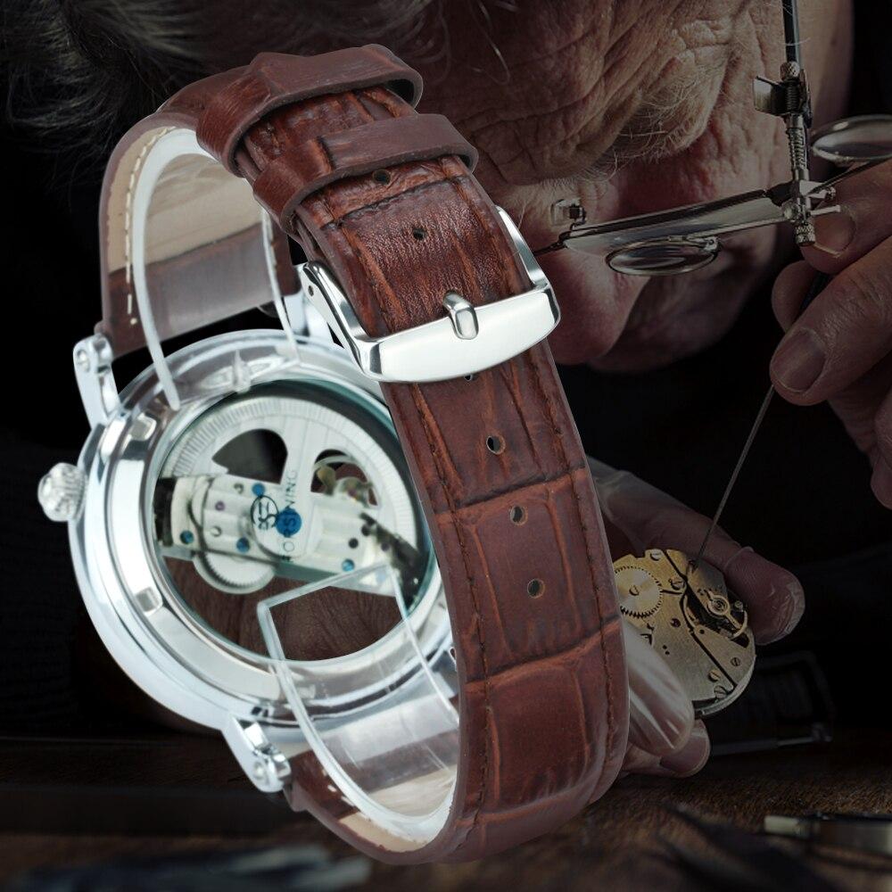 Skeleton Automatic Watch for Men featuring a golden bridge design, stainless steel case, and leather strap, showcasing its elegant craftsmanship.