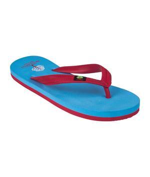 FR33 EARTH Sky Blue & Red Thongs, showcasing vibrant colors and natural rubber material, perfect for summer wear.