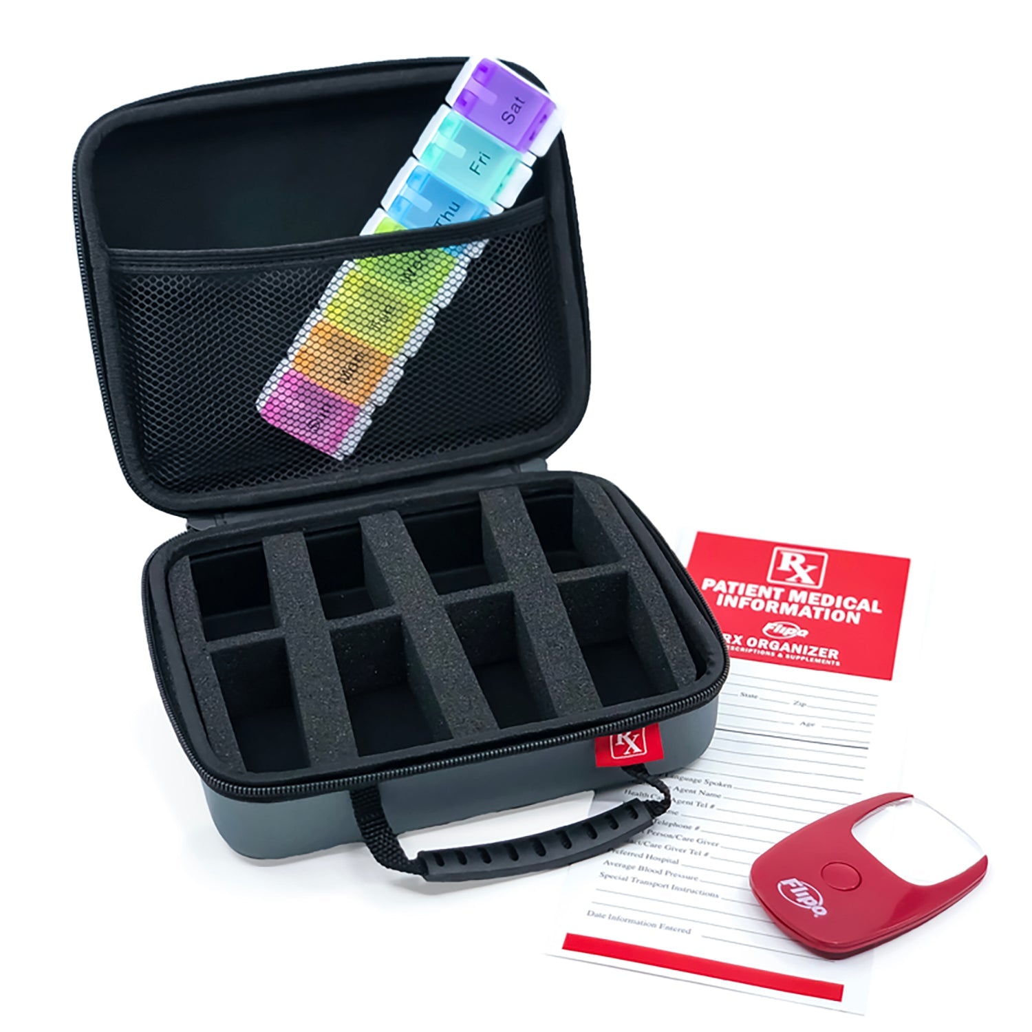 Slate Flipo Small RX Organizer with illuminated magnifying glass and pill dispenser, designed for organizing prescriptions and supplements.