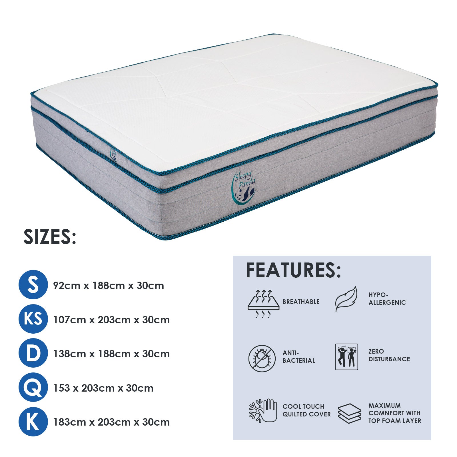 Sleepy Panda Mattress showcasing 5 Zone Pocket Spring design with a bamboo fibre cover and gel memory foam layer.