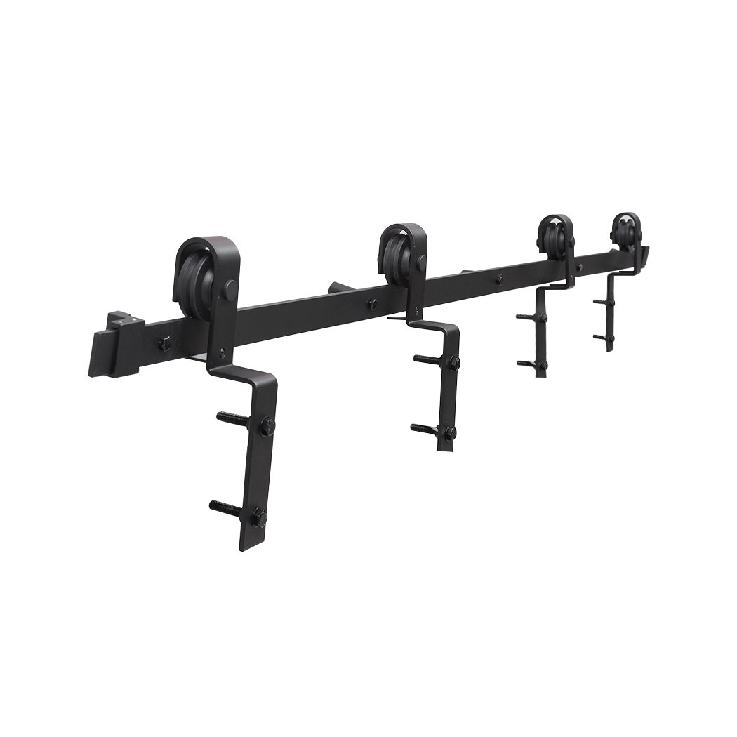 Sliding Barn Door Hardware Track Kit in black, showcasing heavy-duty carbon steel construction and elegant design for modern interiors.